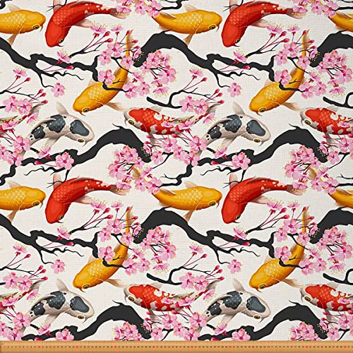 Japanischer Sakura Möbelstoff Meterware exotischer Koi Fisch Kirschblüte Dekorationsstoff für Polster Heimwerkerprojekte orientalische Kunstwerke wasserdichter Outdoor Stoff 184x160cm Rosa Creme von Loussiesd