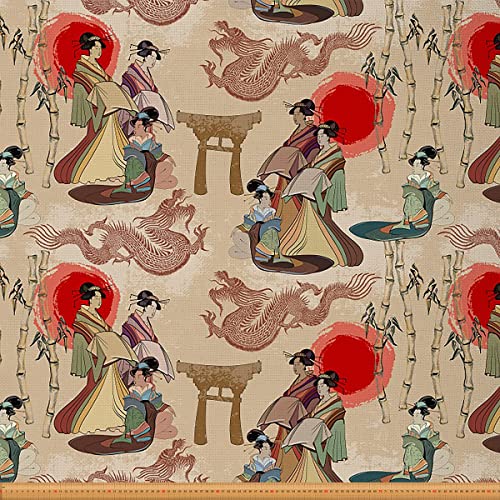 Japanischer Stoff mit Ukiyoe Motiv Meterware traditioneller japanischer Geisha Mädchen Stil Entwurf Polsterstoff für Stühle exotischer Drache Bambus dekorativer wasserdichter Stoff 184x150cm von Loussiesd
