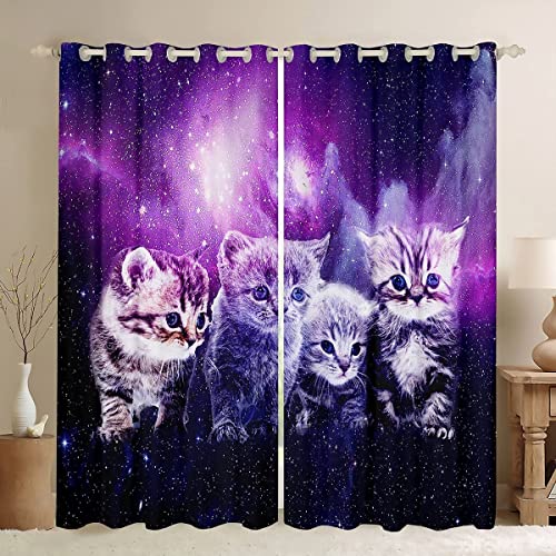 Katzen-Fenstervorhänge Mädchen süßes Haustier Katzen Vorhänge Galaxie Kawaii-Kätzchen Weltraum Fenstervorhänge für Schlafzimmer, Wohnzimmer Kinder Jungen 3D-Tier-Thema Fensterbehandlungen 245x140cm von Loussiesd