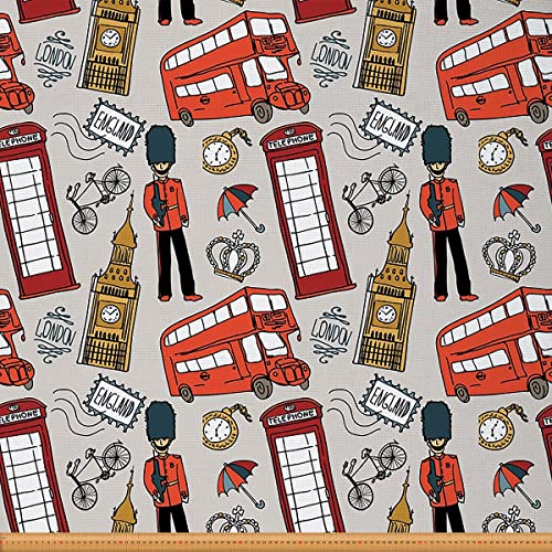 London Stoff von The Yard Klassisches englisches Doodle Big Ben Regenschirm Fahrrad Polsterstoff für Stühle und Heimwerkerprojekte Retro UK Thema Dekorativer wasserdichter Stoff 92x150cm Grau Rot von Loussiesd