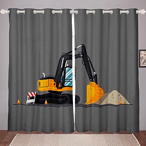 Loussiesd Bagger Vorhänge Kissenbezug Jungen Nette Fahrzeuge LKW Auto Fenstervorhang 175x140cm Kinder Karikatur Maschinen Autos Blickdichte Vorhänge Kinderzimmer Dekor Baustelle von Loussiesd