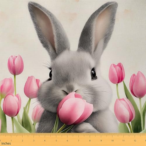 Loussiesd Cartoon Kaninchen Stoff 92x150cm Tulpe Blume Patchwork Stoffe Kleiner Hase Ostern Stoff Meterware für DIY Nähmuster Handwerk Nettes Tier Dekostoff Kawaii 3D Tier Thema Polsterstoff von Loussiesd