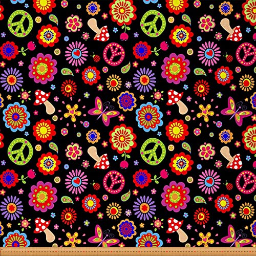 Loussiesd Frieden Kunst Möbelstoff Meterware Hippie Pilz Blumen Outdoor Stoff Meterware Bunte Blume Schmetterling Dekorationsstoff für Polster und Heimwerkerprojekte 184x150cm Schwarz Rot von Loussiesd
