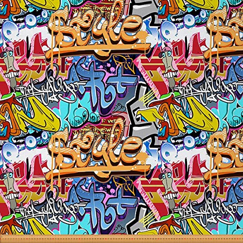 Loussiesd Hip Hop Stoff von The Yard Hippie Street Culture Graffiti Polsterstoff für Stühle Bunte Grunge Kunst Dekorativ Wasserdicht Draussen Stoff Orange Blue 92x150cm von Loussiesd