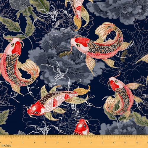 Loussiesd Japanisch Koi Fische Stoff Meterware 92x150cm Blume Floral Dekorative Patchwork Stoffe Japanisch Ukiyoe Wasserdichter Stofffor Stühle Japanisch Stil DIY Reupholstery Polsterstoff von Loussiesd