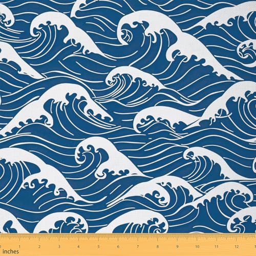 Loussiesd Japanisch Wellen Stoff Meterware 92x150cm Meer Ozean Wellen Dekorative Patchwork Stoffe Japanisch Stil Wasserdichter Stofffor Stühle Japanisch Ukiyoe DIY Reupholstery Polsterstoff von Loussiesd