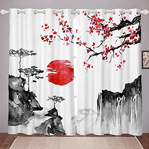 Loussiesd Japanische Ukiyoe Fenstervorhang 245x140cm Kirschblüten Rote Sonne Blickdichte Vorhänge für Kinder Jungen Mädchen Tinte JapaniSchön Stil Vorhänge Exotischer Stil Dekor von Loussiesd