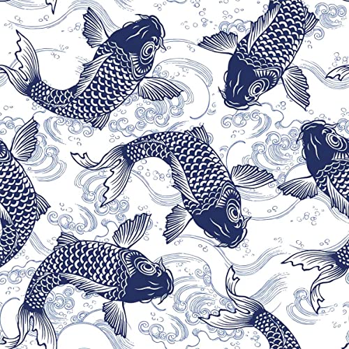 Loussiesd Japanischer Koi-Polsterstoff Meterware, Ozean Wave Hokusai Polsterstoff für Stühle, exotischer Karpfenfisch Marine Meer dekorativer wasserdichter Outdoor-Stoff, 184 x 150 cm, weiß blau von Loussiesd