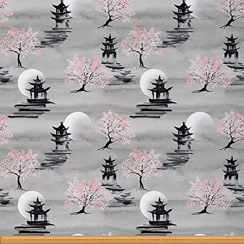 Loussiesd Japanischer Stoff Meterware Exotischer Kirschblüten Möbelstoff für Stühle Orientalischer Pagode Sakura Dekorationsstoff für Polster und Heimwerkerprojekte 276x150cm Rosa grau von Loussiesd