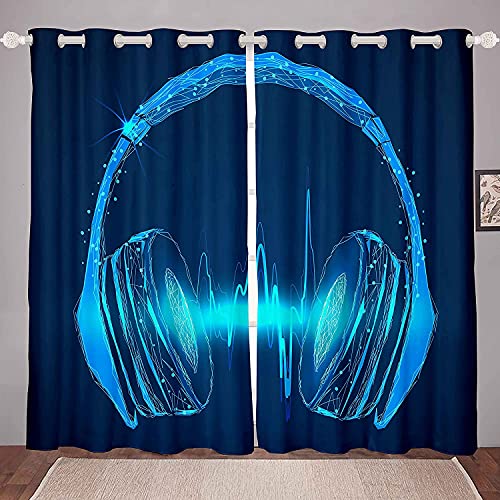 Loussiesd Jungen Headset Blickdichte Vorhänge für Kinder Mädchen Schlafzimmer Dekor Rockmusik Thema Fenstervorhang 175x140cm Blau Kopfhörer Tröster Musical Pattern Vorhänge von Loussiesd