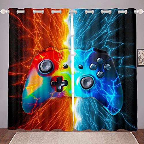 Loussiesd Jungen Spiele Blickdichte Vorhänge Blitz Gamepad Fenstervorhang 245x140cm Kinder Jugendliche Spleißen Videospiel Gamepad Vorhänge Spiel Regler Rot Blau von Loussiesd