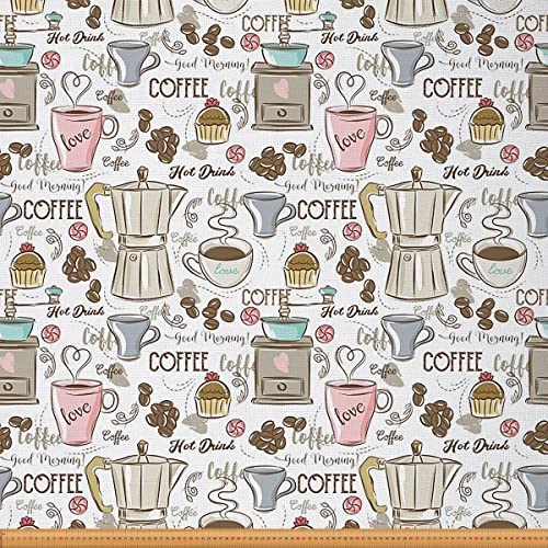 Loussiesd Kaffeezeit Stoff Meterware Cupcakes Bohnen Design Möbelstoff Jahrgang Espressomaschine Dekorationsstoff für Heimwerkerprojekte Wasserdichter Stoff 92x150cm Rosa Beige von Loussiesd