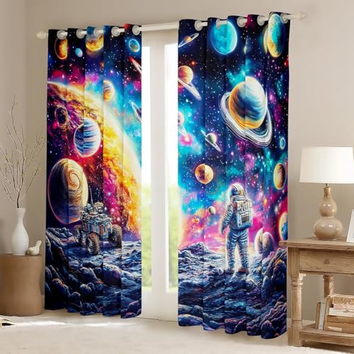 Loussiesd Kinder Weltraum Astronaut Vorhänge 137x117cm Weltraum Rakete Fenstervorhang Jungen Mädchen Schlafzimmer Zimmer Dekor, Der Planet Der Erde Astronaut Blickdichte Vorhänge Astronaut Gardinen von Loussiesd