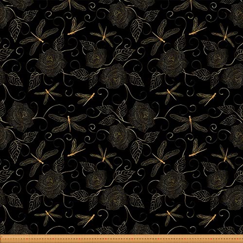 Loussiesd Libellen Möbelstoff luxuriöser Rosenblumenstoff Meterware dekorative Libelle bedruckter Dekorationsstoff für Polster und Heimwerkerprojekte Outdoor Stoff 184x150cm goldfarben schwarz von Loussiesd