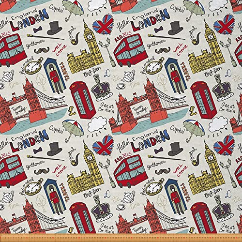 Loussiesd London Stoff Meterware Vintage England berühmte Stadtbild Polsterstoff für Stühle Big Ben Tower Bridge Telefonzelle dekorativer wasserdichter Stoff 92x150cm von Loussiesd