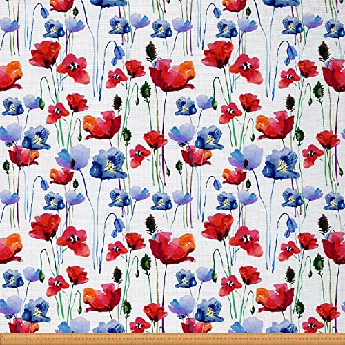 Loussiesd Mohn Stoff Meterware Aquarell Blumen Blumen Möbelstoff für Stühle Sofa Couch Botanische Zweige Outdoor Stoff Wasserdichter Dekorationsstoff für Heimwerkerprojekte 92x150cm Blau Rot von Loussiesd
