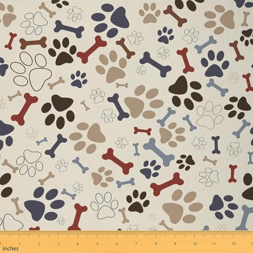 Loussiesd Nettes Hundethema Stoff 92x150cm für Handgemachten Quilten Pup Hund Pfote Drucken Down Stoff Knochen Hundeliebhaber Patchwork Stoffe Tier Thema Beige Polsterstoff für DIY Nähmuster Handwerk von Loussiesd