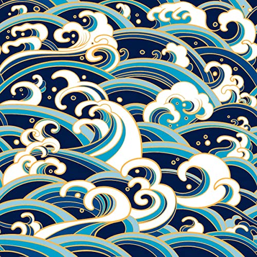 Loussiesd Ozean Wave Stoff Meterware, Japanese Hokusai Waves Polsterstoff für Stühle, Traditional Oriental Style Nautical Marine Meeresdruck Waterproof Outdoor Fabric, 184x150cms, Blau Gold von Loussiesd