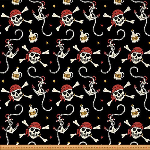 Loussiesd Piraten Möbelstoff für Stühle Ozean Marine Thema Ankerstoff Meterware Karikatur Totenkopf Skelett Dekorationsstoff für Polster und Heimwerkerprojekte 92x160cm Schwarz Creme von Loussiesd