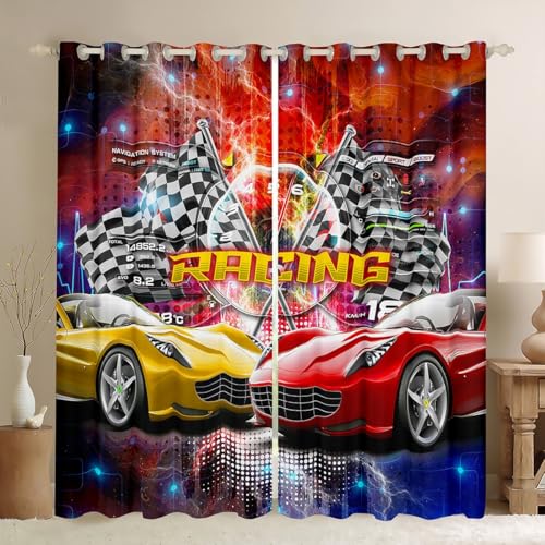 Loussiesd Rennwagen Vorhänge 175x140cm Set für Kinder Jungen, Rennwagen Fenstervorhang Sportwagen Blickdichte Vorhänge Cool Speed Luxus Auto Gardinen,Jungen Schlafzimmer Zimmer Dekor von Loussiesd