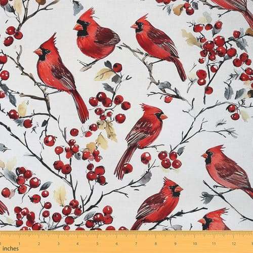 Loussiesd Roter Kardinal Stoff 92x150cm Kardinal Vögel Patchwork Stoffe Weihnachten Weihnachtsvögel Dekorative Stoff Meterware Rote Früchte Winter Rustikales Bauernhaus Tier Polsterstoff von Loussiesd