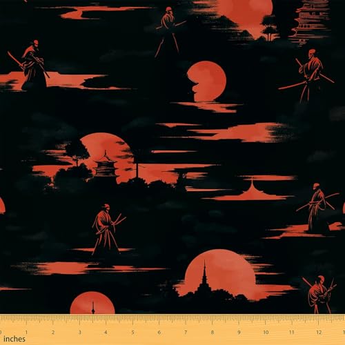 Loussiesd Samurai Stoff 460x150cm Japanischer Stil Stoff Meterware Exotische Orientalische Polsterstoff Japanische Ukiyoe Hokusai Stoffpaket Tradition Retro Thema Patchwork Stoffe von Loussiesd
