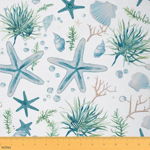 Loussiesd Seestern Stoff Meterware 92x150cm Meereslebewesen Seehund Dekorative Patchwork Stoffe Ozean Kreatur Muschel Wasserdichter Stoff Wasser und Gras Unterwasserwelt DIY Reupholstery Polsterstoff von Loussiesd