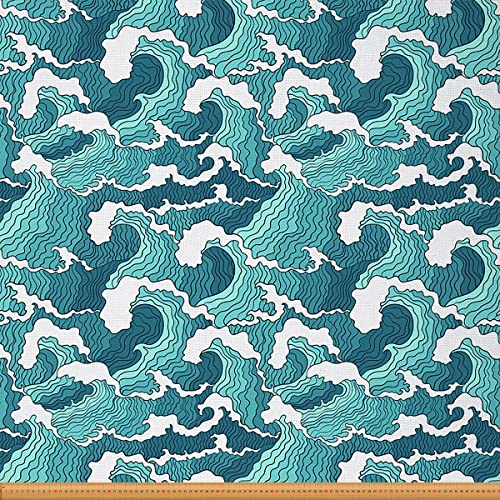 Meereswellen Stoff Meterware Japanischer Hokusai Stil Möbelstoff für Stühle Nautisch Exotisch Meereswelle Dekorativer wasserdichter Outdoor Stoff 184x160cm Blaugrün von Loussiesd