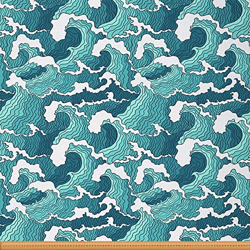 Meereswellen Stoff Meterware Japanischer Hokusai Stil Möbelstoff für Stühle Nautisch Exotisch Meereswelle Dekorativer wasserdichter Outdoor Stoff 92x160cm Blaugrün von Loussiesd
