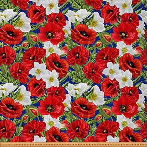 Mohnblumen Stoff Meterware Leuchtend roter Blumen Möbelstoff für Stühle Sofa Couch botanische Blätter Outdoor Stoff wasserdichter Dekorationsstoff für Heimwerkerprojekte 184x150cm Weiß Rot von Loussiesd