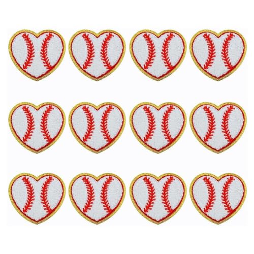 Louttary 12 Stück Baseball-Patches in Herzform mit goldenen Rändern zum Aufbügeln wie angegeben, Acrylfaser, für die Dekoration von Kleidung von Louttary