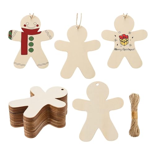 Louttary 50 Stück Ornamente aus Lebkuchenmann aus Holz, unvollendet, Ausschnitte aus unbehandeltem Holz, Dekoration zum Aufhängen mit und einfach zu verwenden von Louttary