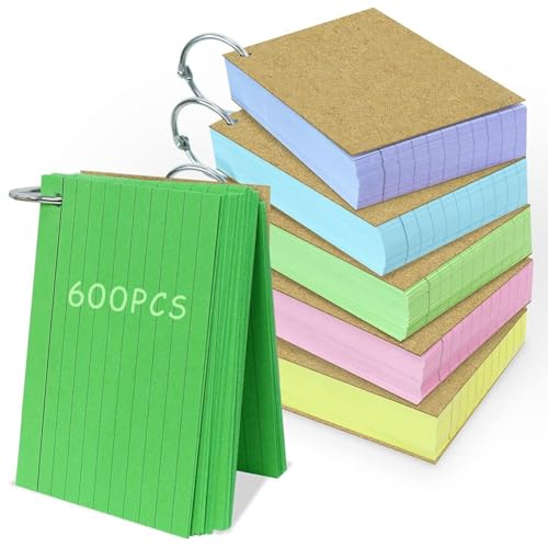 Louttary 600 Indexkarten, bunte Flash-Karten, 3 x 5 Zoll mit Ring, Flash-Karten, liniert, perforiert, liniert, liniert von Louttary