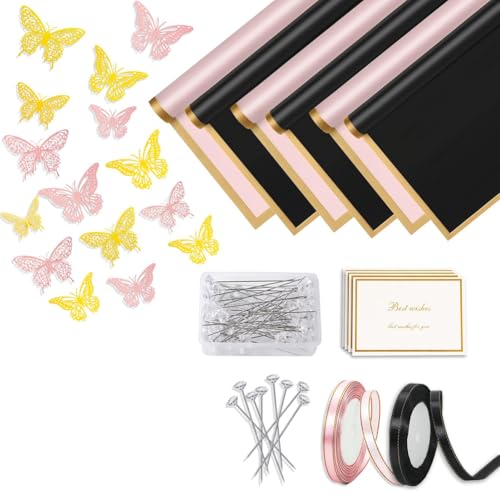 Louttary Set mit 200 Packpapieren für Blumen, 40 Blatt wasserdichtes Packpapier für Blumen, Packpapier für Blumenstrauß, Schwarz und Rosa von Louttary