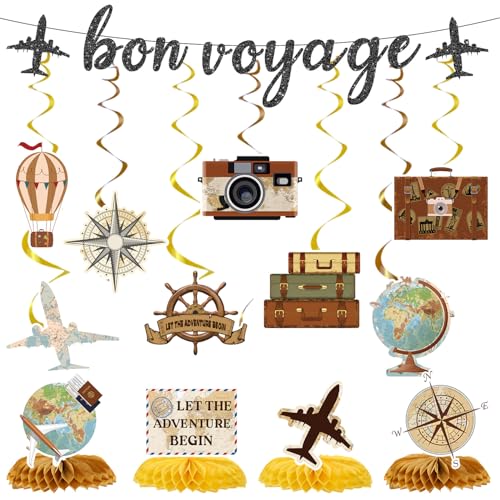 Lovarywow Bon Voyage Party-Dekorationen – 13 Stück Reise-Themenparty-Dekorationen, Glitzer, Bon-Voyage-Banner, hängende Wirbel, lassen Sie das Abenteuer beginnen, Waben-Mittelstücke, Dekoration, Lovarywow Bon Voyage Party-Dekorationen – 13 Stück Reise-Themenparty-Dekorationen, Glitzer, Bon-Voyage-Banner, hängende Wirbel, lassen Sie das Abenteuer beginnen, Waben-Mittelstücke, Dekoration, von Lovarywow