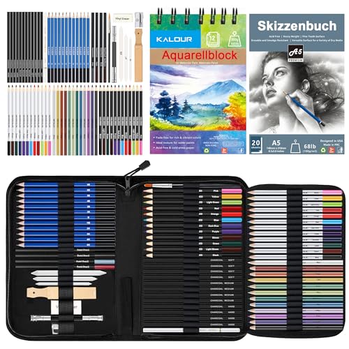 KALOUR 76 Zeichen und Skizzierkit Set-Professionelles Künstlerbedarf mit Skizzenbuch & Aquarellpapier-Enthält Anleitung,Buntstifte,Aquarell,Graphit,Pastell und Kohlebleistift - für Künstler, Anfänger von KALOUR