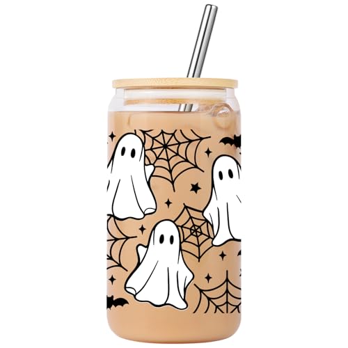 Lovearth Halloween-Geisterglas, 473 ml, Spinnennetz, Halloween-Glastasse mit Deckel und Strohhalm, niedliche Halloween-Fledermaus-Tasse, gruselige Geschenke, Boo Basket Stuffers für Frauen, Geschenke Lovearth Halloween-Geisterglas, 473 ml, Spinnennetz, Halloween-Glastasse mit Deckel und Strohhalm, niedliche Halloween-Fledermaus-Tasse, gruselige Geschenke, Boo Basket Stuffers für Frauen, Geschenke von Lovearth