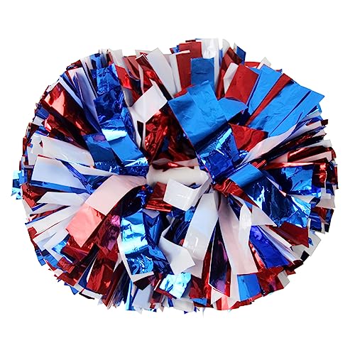 Lovecheer 2 x Pompons, Cheerleading, blau und rot und weiß, metallisch, mit Schlagstock-Griff, für Sport, Teamgeist, Party, Jubeln von Lovecheer