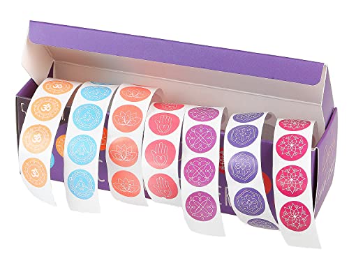 Loveria Chakra Sticker, 500 Stück | selbstklebende Yoga Aufkleber, 7 Motive | Energie Sticker für Tagebuch, Geschenke, Briefe | 72 Sticker je Farbe, 1,5cm breit von Loveria