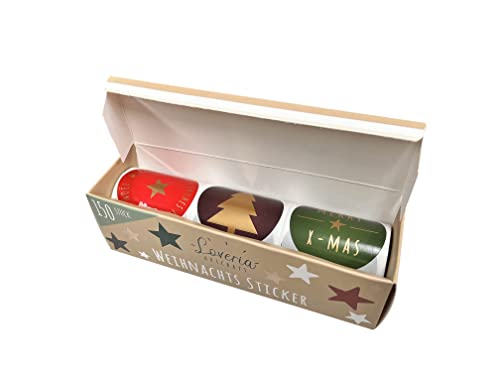 Loveria Sticker Set Weihnachten | 150 Weihnachtssticker selbstklebend, 3 Motive, 50 Aufkleber pro Motiv | ideal für Weihnachten, Geschenke, Postkarten | L: 5cm B: 15cm H: 4,4cm von Loveria