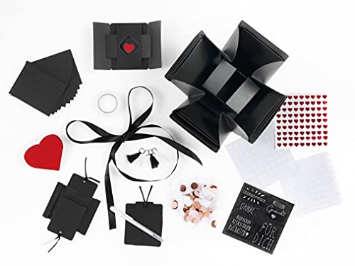 Loveria Explosionbox Schwarz zum selbst Gestalten | individuelle Überraschungsbox, 17 Teile | Satin, Geschenkband, Schreiber und mehr | 12x12x12cm von Loveria