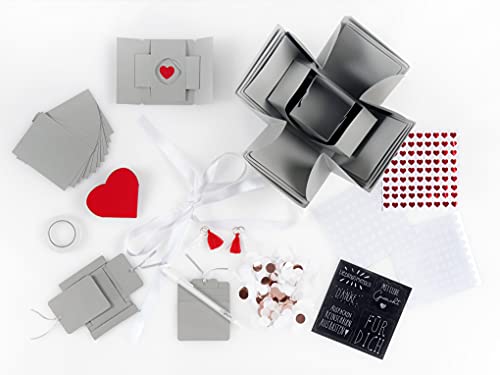 Loveria Geschenkbox Grau zum Selbstgestalten | individuelle DIY Überraschungsbox, 17 Teile | Satin, Geschenkband, Schreiber und mehr | 12x12x12cm von Loveria