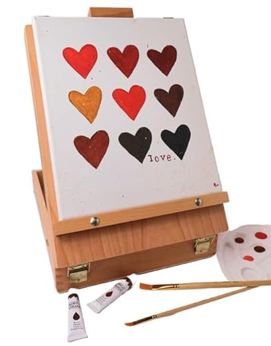 Loveria Tischstaffelei Holz, Acrylfarbe Set | Kompletter Malkoffer mit integrierter Staffelei aus Buchenholz | 24 Acrylfarben, 10 Pinsel, 2 Bleistife, Leinwand und vieles mehr von Loveria