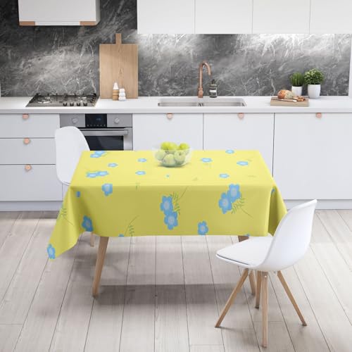 Tischdecke Geburtstag Gelb Blau Floral Tischdecke Abwaschbar Stoff Gartentischdecke Party Outdoor Indoor Wasserabweisend Table Cloth Abwischbare Tischtuch Rechteckig(100x140cm) von Lovewang