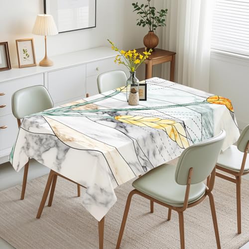 Tischdecke Geburtstag Gelbe Marmorblätter Tischdecke Abwaschbar Polyester Stoff Gartentischdecke Party Wasserabweisend Table Cloth Abwischbare Tischtuch Quadratisch(140x140cm) von Lovewang
