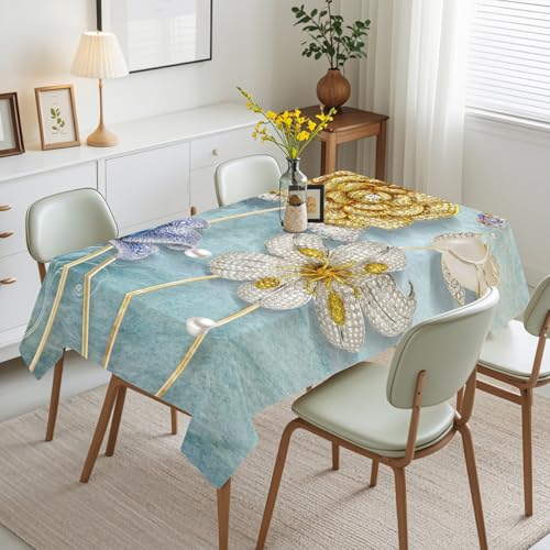 Tischdecke Geburtstag Goldene Vintage Blume Tischdecke Abwaschbar Stoff Gartentischdecke Party Outdoor Indoor Wasserabweisend Table Cloth Abwischbare Tischtuch Rechteckig(140x240cm) von Lovewang