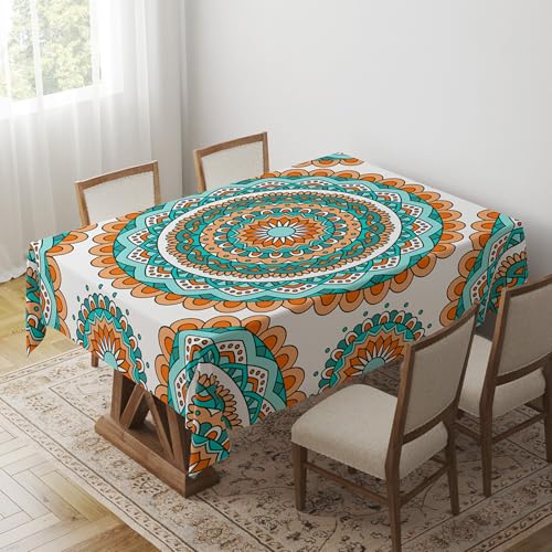 Tischdecke Geburtstag Mandala Grün Orange Tischdecke Abwaschbar Polyester Stoff Gartentischdecke Party Wasserabweisend Table Cloth Abwischbare Tischtuch Quadratisch(90x90cm) von Lovewang
