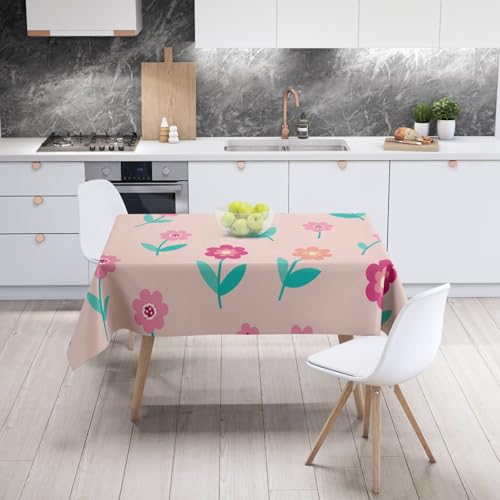 Tischdecke Geburtstag Orange Rosa Blüten Tischdecke Abwaschbar Stoff Gartentischdecke Party Outdoor Indoor Wasserabweisend Table Cloth Abwischbare Tischtuch Rechteckig(140x240cm) von Lovewang