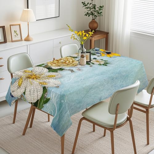 Tischdecke Geburtstag Retro Blaue Blume Tischdecke Abwaschbar Polyester Stoff Gartentischdecke Party Wasserabweisend Table Cloth Abwischbare Tischtuch Quadratisch(140x140cm) von Lovewang