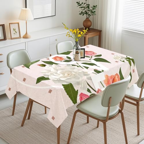Tischdecke Geburtstag Rosa Beige Blume Tischdecke Abwaschbar Stoff Gartentischdecke Party Outdoor Indoor Wasserabweisend Table Cloth Abwischbare Tischtuch Rechteckig(140x200cm) von Lovewang